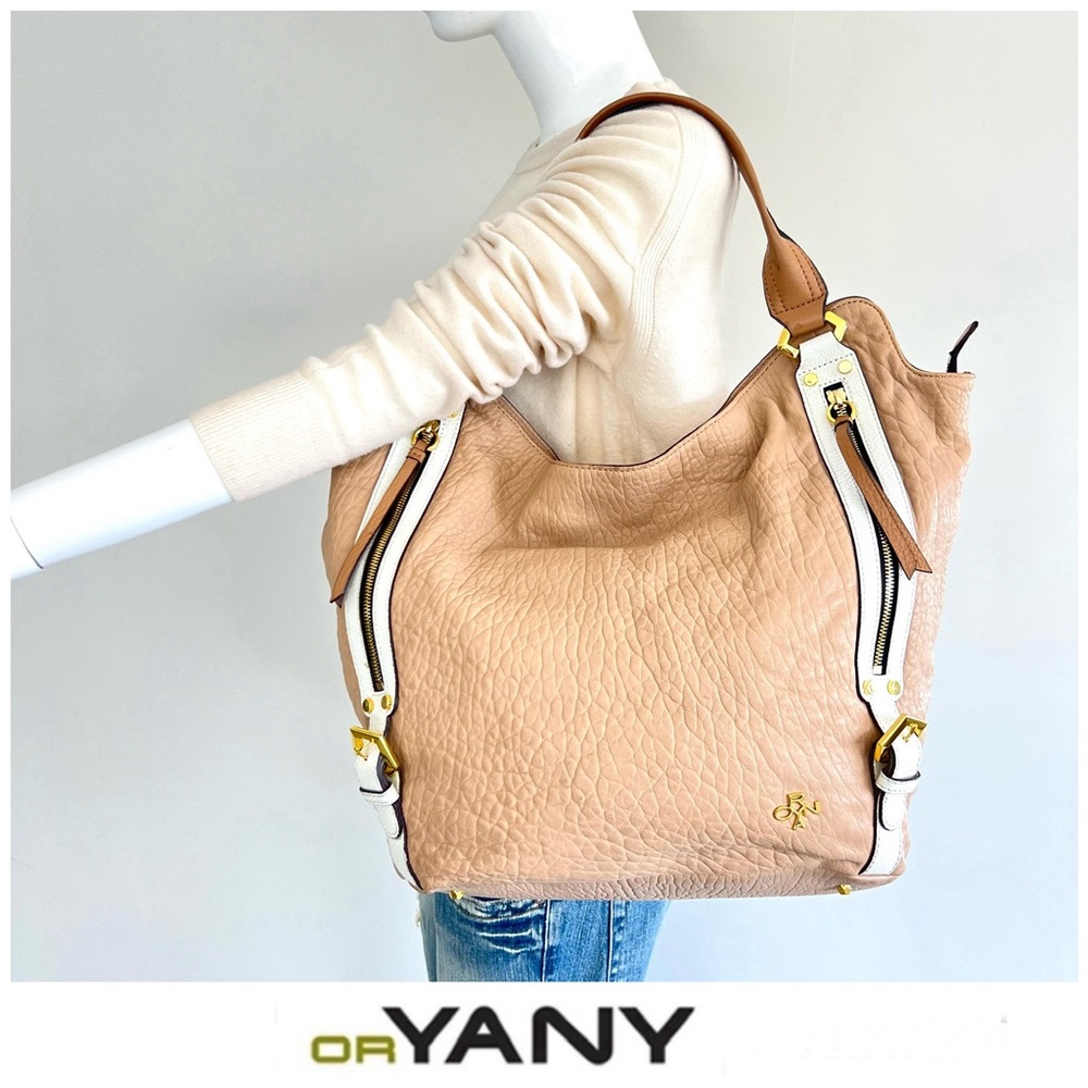 orYANY Tegan Beige Cream Pebbled Leather Front Zip Pockets Large Shoulder Tote